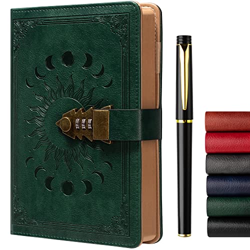 ZXHQ Diary with Lock for Women & Men, A5 240 Pages Lockable Journal with Pen, Refillable Leather Journal Writing Notebook (8.5 × 5.9inch) Blackish Green
