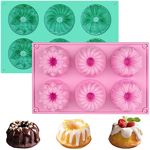 HUAKENER 2 Pcs Mini Bundt Cake Pan, 6-Cavity Fluted Tube Cake Pan, Non-stick Silicone Baking Mold for Cupcakes, Donuts, Cornbread, Brownies, Jellies