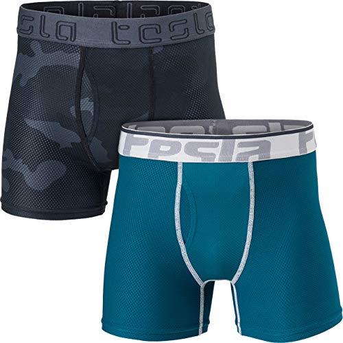 TSLA Boy's 3 Inches Breathable Underwear, Performance Cooling Mesh Boxer Briefs, Fly-Front 2p Green/Camo Black, X-Small