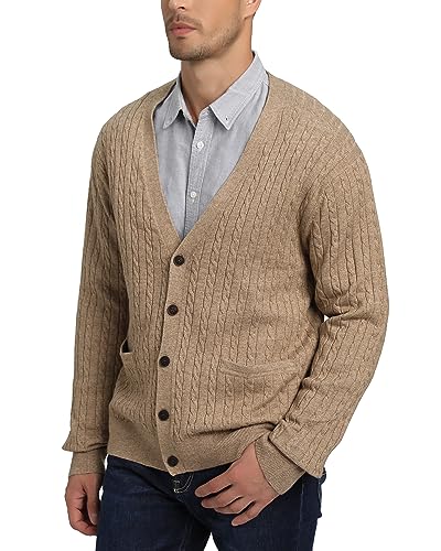 Kallspin Men's Cardigan Sweater Wool Blend Cable Knit V Neck Buttons Cardigan with Pockets(Coffee, Large)