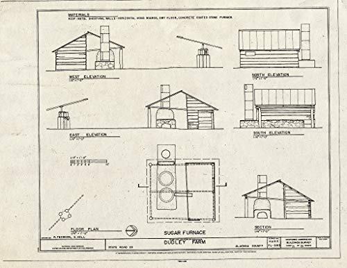 Historic Pictoric : Blueprint Sugar Furnace - Elevations, Floor Plan & Section - Dudley Farm, Farmhouse & Outbuildings, 18730 West Newberry Road, Newberry, Alachua County, FL 20in x 16in