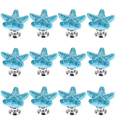 Joyindecor Ceramic Starfish Drawer Pulls Handles for Nursery Dresser Cupboard Wardrobe Cabinet Kitchen, Beach/Ocean Theme Knobs, Pack of 12 (Blue)