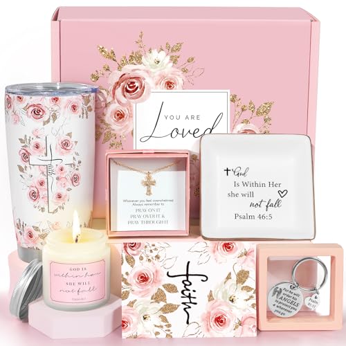 Christian Gifts for Women her Mom Girl Friend Sister Boss, Christian Faith Religious Jesus Inspirational Spiritual Bible Birthday Coffee Wine Tumbler Bulk Gift Set Box, God Mother Godly Pink Basket