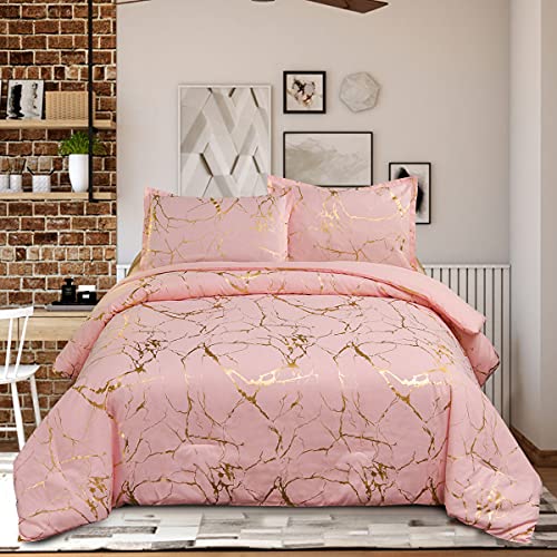 Holawakaka Gold Metallic Marble Comforter Set King Size Foil Print Glitter Bedding Sets,Blush/Gold,King