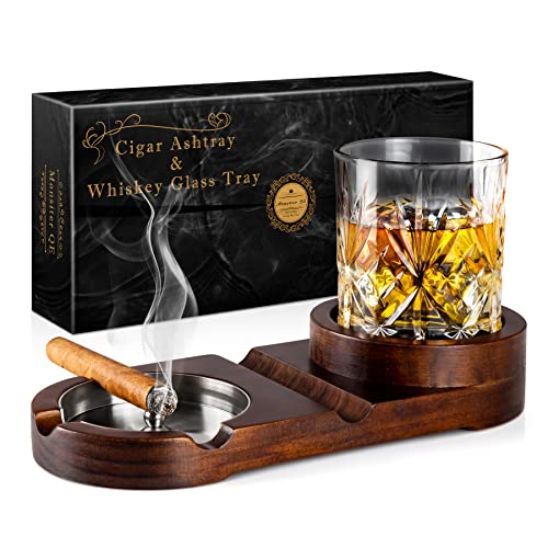 Monsiter QE Cigar Ashtrays, Whiskey Glass Tray and Cigar Holder for Indoor Outdoor, Wooden Ash Tray Detachable Ashtray for Cigarettes, Cigar Accessories Decor for Home Office Cigar Gifts for Men