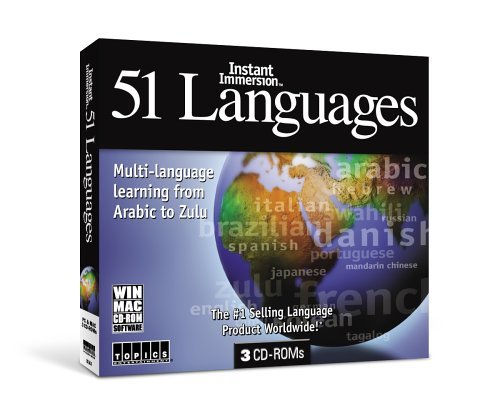 Instant Immersion 51 Languages - 3 CD-ROMs. Alabian, Arabic (Egyptian), Brazilian Portuguese, Burmese, Cantonese, Croatian, Czech, Danish, Dutch, Estonian, Finnish, French, German, Greek, Gujarati, Hawaiian, Hebrew, Hindi, Hungarian, Icelandic, Indonesian, Irish, Italian, Japanese, Korean, Latvian, Lithuanian, Malay, Mandarin, Mexican Spanish, Navajo, Nepali, Norwegian, Pashto, Polish, Punjabi, Romanian, Russian, Serbian, Slovak, Slovenian, Swahili, Swedish,Tagalog, Thai, Tibetan, Turkish, Urdu, Vietnamese, Yiddish, and Zulu