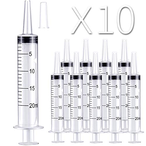 10 Pack 20ml/cc Plastic Syringe Large Syringes Tools Catheter Tip Individually Sealed with Measurement for Scientific Labs, Measuring Liquids, Feeding Pets, Oil or Glue Applicator