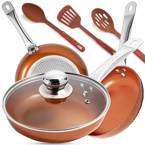 Razab Copper Frying Pan Set with Lids, 8', 9.5' & 11' Frying Pan Set, Nonstick Skillets