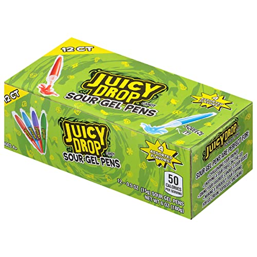 Juicy Drop Sour Gel Pen Candy Variety Pack of 12 - Assorted Fruity Flavors Sour Candy - Ideal for Kids Parties, Birthdays & Celebrations - Individually Wrapped, Fun Sour Gel Candy