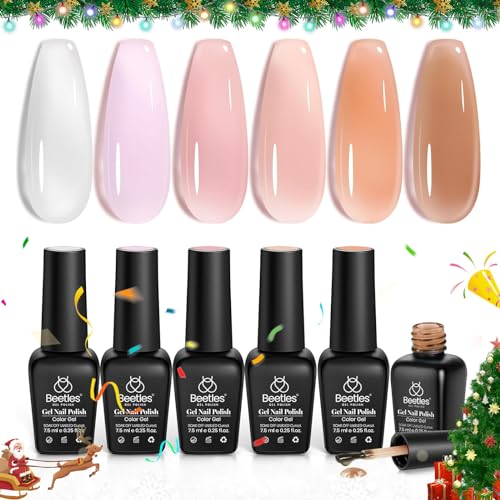 beetles Gel Polish Nail Set 6 Colors Ultimate Monochrome Collection Milky White Sheer Pink Nude Jelly Brown Transparent Soak Off Uv Diy Manicure Kit for Women Girls Christmas Gift