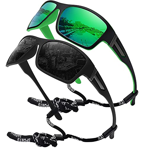 STORYCOAST Polarized Sports Sunglasses for Men Women Unbreakable Frame Cycling Fishing Driving 2Pack Black+Green