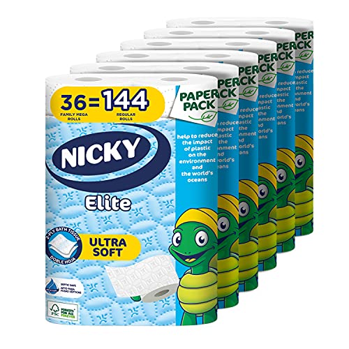 Nicky Elite Bath Tissue 36 Ultra Soft Mega Rolls= 144 regular rolls, Plastic Free Packaging, Paper Wrap