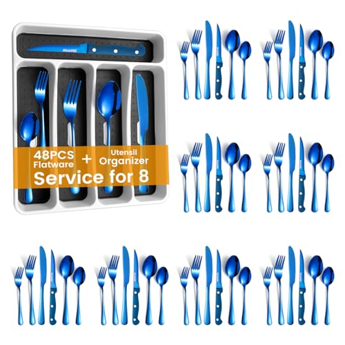 Blue Silverware Set with Drawer Organizer, 48 Pieces Flatware Set for 8, Stainless Steel Cutlery with tray, Kitchen Utensil Tableware for Home Restaurant Hotel KITWARE Forks Knifes Spoons