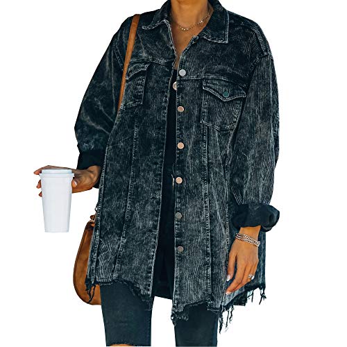 Hixiaohe Women's Casual Oversized Button Down Corduroy Shirt Jacket Coat Washed Retro Shacket (Black, S)