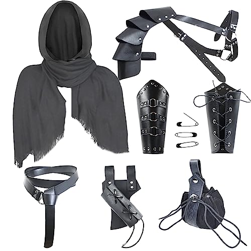 MyersCostume Medieval Knight Leather Men Renaissance Half Shoulder Cape Scarf Buckle Bracers Retro Sword Frog (Black)