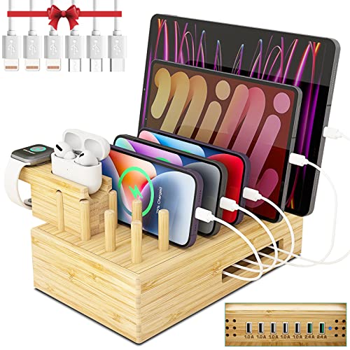 Darfoo Bamboo Charging Station with 7 USB Ports, 6 Mixed Cables, Watch/Earbuds Stand - Electronic Organizer for Multiple Devices - Cell Phone, Tablet and More