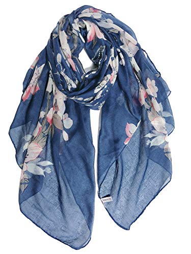 GERINLY Fashion Cotton Scarfs for Women Lightweight Flowers Print Long Hair Wrap Blue Floral Scarf Large Shawl(Denim)