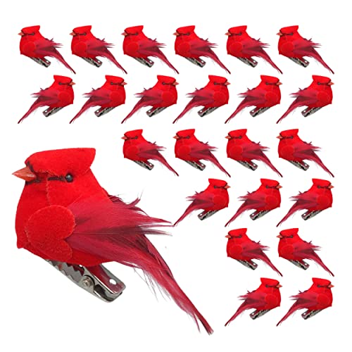 BANBERRY DESIGNS Cardinal Clip On Christmas Tree Ornaments - Bird Decorations - Red Flocked Body & Feathered Wings & Tail - Set of 24 - Each 2' Long - Wreath - Centerpiece - Crafts
