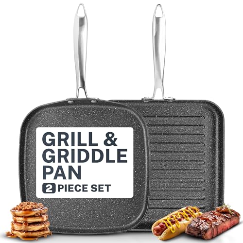 Granitestone 2 Pack Nonstick 10.5” Grill Pan + Flat Griddle Pan for Stove Top with 3x Coated Surface Perfect for Eggs Pancakes Steaks and More, Stove Top Griddle for Gas Grill, Oven Safe, PFOA Free