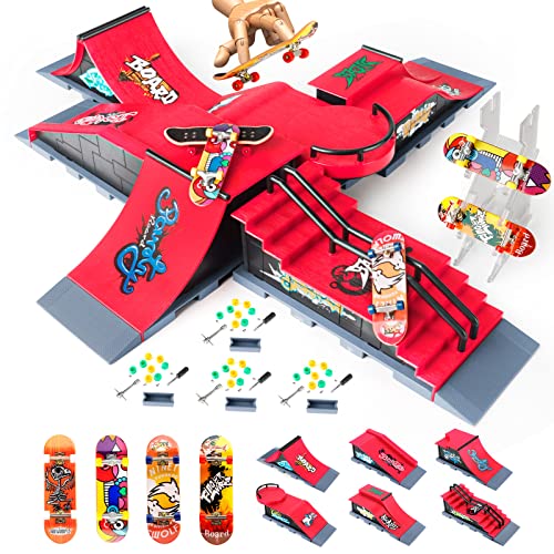 Fingerboard Skatepark Skate Park Kit, 6-in-1 Finger Skateboard Ramp Set Ultimate Parks Training Props with 4 Finger Skateboard 6 Finger Deck & Display Holder Finger Skate Toys for Kids & Adults Gifts