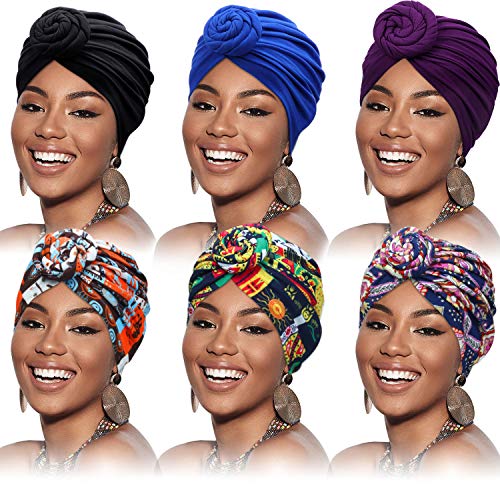 6 Pieces Women African Turban Flower Knot Pre-Tied Bonnet Beanie Cap Headwrap (Simple Patterns)