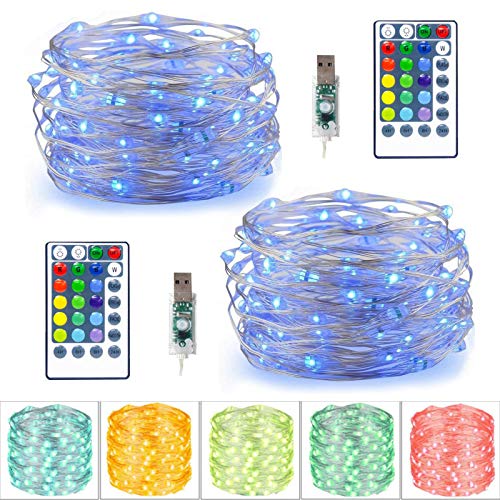 LiyuanQ Christmas LED String Lights, 2 Set Multi Color Changing Fairy Lights USB Plug-in Fairy String Lights Remote & Timer, 4 Modes Indoor Decorative Silver Wire Lights Party Xmas(16 Colors, 50 LEDs)