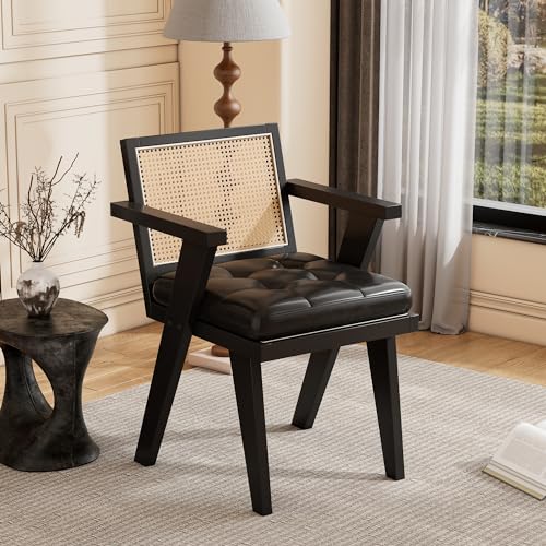 Merax, Black Mid-Century Modern Accent Chair with Handcrafted Rattan Backrest and Padded Seat for Leisure,Bedroom,Enterway