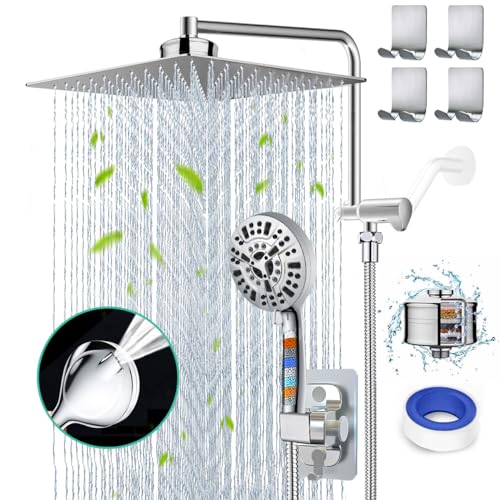 Filtered Shower Head 12' Rain Shower Head with Handheld Spray Dual Filter for Hard Water Rainfall Showerhead with 10 Setting Handheld Built-in 2 Power Wash +12' Shower Extension Arm,79' Hose & 4 Hooks