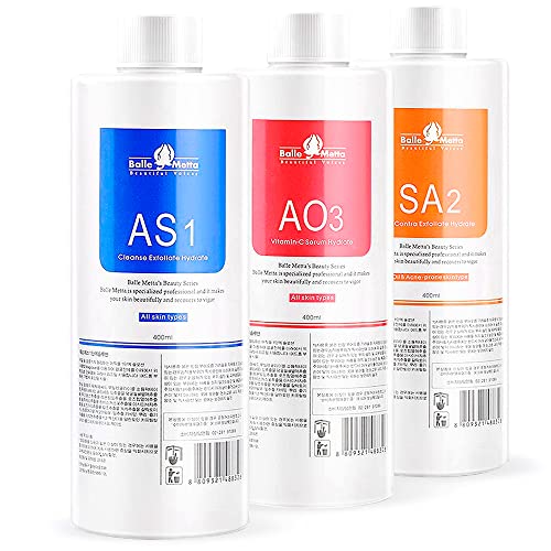 BRÜUN Hydrogen Oxygen Facial Machine Serums for Facial Cleansing – A Pack of 400ml 3 Aqua Peeling Solution AS1, SA2, and AO3 –Skin Care Hydra Solution for Vacuum face Cleaning Jet for Home and Spa
