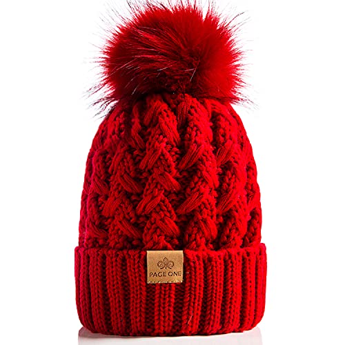 PAGE ONE Womens Winter Ribbed Beanie Crossed Cap Chunky Cable Knit Pompom Soft Warm Hat Red