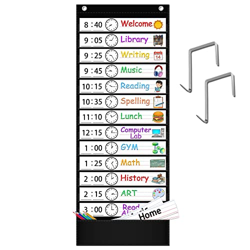 AKAYOK Daily Schedule Pocket Chart, 13+1 Pocket Visual Schedule Chart, 18 Double-Sided Blank Reusable Dry-Eraser Cards, Educational Pocket Charts for Classroom Homeschooling Toddlers (BLACK)…