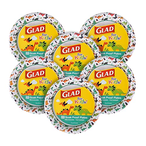 Glad for Kids 7-Inch Paper Plates | Small Round Paper Plates With Cute Dinosaur Design for Kids | Heavy Duty Disposable Soak Proof Microwavable Paper Plates for All Occasions, 120 Count