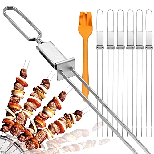 Skewers for Grilling- 17' Long Double Pronged BBQ Skewers with Push Bar- Shish Kabob Skewers - Stainless Steel Skewer Sticks for Camping or family - Reusable Skewers,bbq accessories - 6 Pack