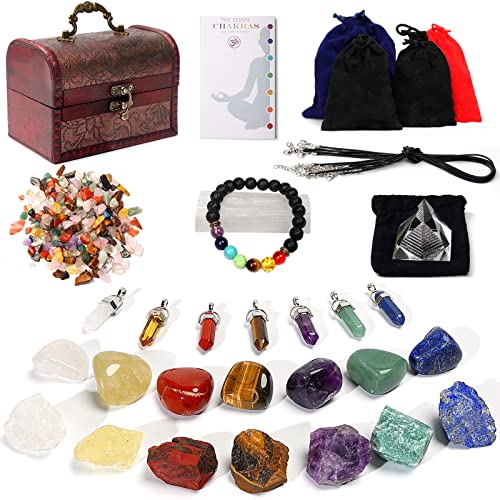 38Pcs Crystals and Healing Stones Set,7 Chakra Stone, 7 Tumbled Stone, 7jewelry Ropes,7 Stone Necklaces,4 Velet Bag, 100g Crushed Stone,1 Pyramid,1 Chakra Bracelet,1selenite Stick,1Guide，1Wooden Box