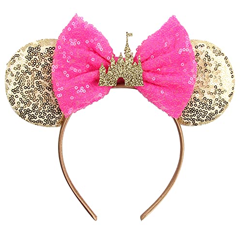 Foeran Mouse Ears Headbands Shiny Bows Mouse Ears Glitter Party Princess Decoration Cosplay Costume for Girls Women (Palace/Red)