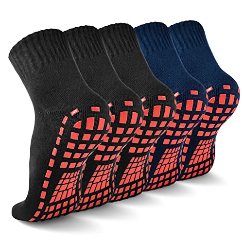 NOVAYARD 5 Pairs Non Slip Socks Non Skid Sticky Grip Socks Yoga Pilates Hospital Socks Men Women(Black+Navy Blue,Large)