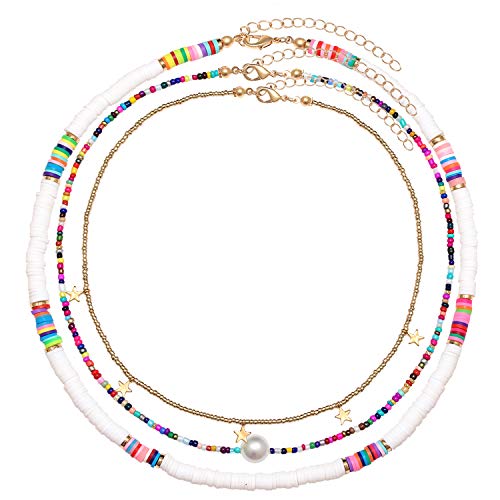 Surfer Heishi Bead Choker Necklace For Woman Star Pearl Polymer Clay Record Disc Beads Layered Necklace Boho Beach Necklace jewelry (white)
