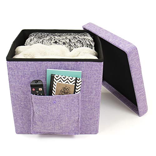 Humble Crew Folding Storage Ottoman Cube with Exterior Multi-Purpose Pocket, Purple Small