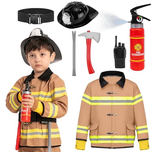 Spooktacular Creations Kids Firefighter Costume with Complete Firefighter Accessories for Kids Halloween Dress-up Parties, Fireman Role Play-3T, Brown
