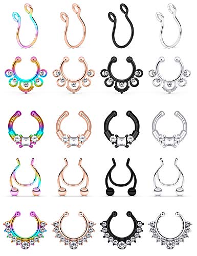 SCERRING Fake Septum Nose Hoop Rings Stainless Steel Faux Lip Ear Nose Septum Ring Non Piercing Clip On Nose Hoop Rings Body Piercing Jewelry Clear CZ 20PCS Mix Color 1#