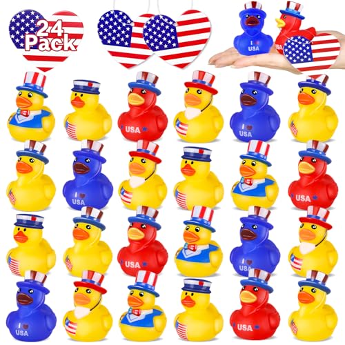 24 Pcs Patriotic Rubber Ducks, 4th of July Jeep Ducks for Ducking, Bulk Ducks for Jeeps Fourth of July Independence Day Gifts Party Favors Bath Water Pool Toys Birthday Gifts Classroom Prizes for Kids