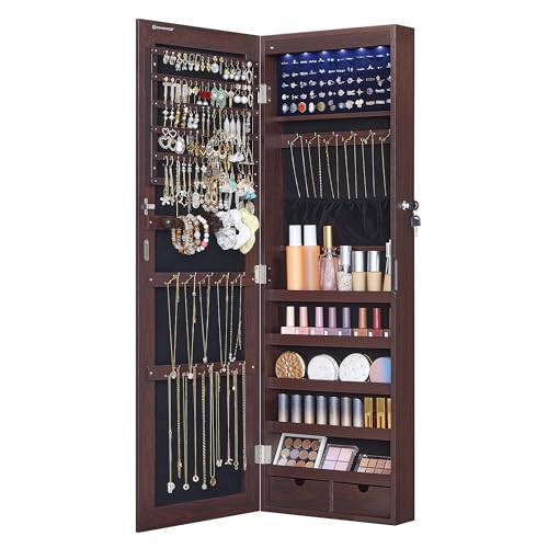 SONGMICS Hanging Jewelry Cabinet, Wall-Mounted Cabinet with LED Interior Lights, Door-Mounted Jewelry Organizer, Full-Length Mirror, Gift Idea, Christmas Gifts, Brown UJJC99BR