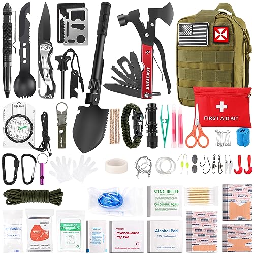 Survival Kit 256 in 1, First Aid Kit Survival Gear Tools Trauma Kit with Molle Pouch for Outdoor, Camping, Hunting, Hiking, Earthquake, Home, Office, Gifts for Men Dad Husband Women (Green)