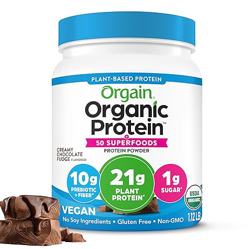 Orgain Organic Protein + Superfoods Powder, Creamy Chocolate Fudge - 21g of Protein, Vegan, Plant Based, 10g of Fiber, No Dairy, Gluten, Soy or Added Sugar, Non-GMO, 1.12 Lb