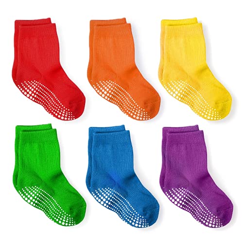 LA Active Baby Socks 4-7 Years - 6 Pairs of Newborn, Infant & Toddler Socks for Boys and Girls with Non-Slip Grip - Crew Style - Rainbow