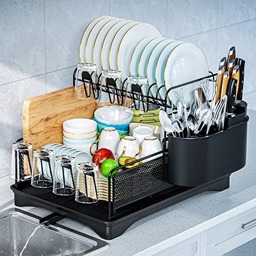Wahopy Heavy Duty 2 Tier Dish Drying Rack with Drainboard for Kitchen Counter, Stainless Steel Dish Drying Rack with Cups, Forks, Knives, Utensil Holder
