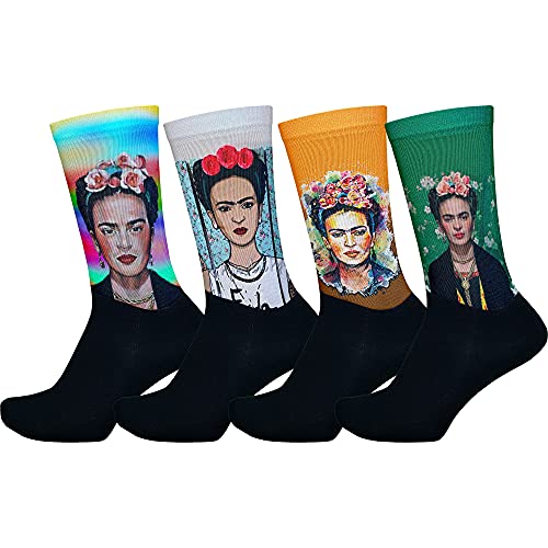 Thalesart Premium Socks Cotton with Cute Soft Casual Pattern Dress for Men Women (Frida Kahlo 4 Pairs)