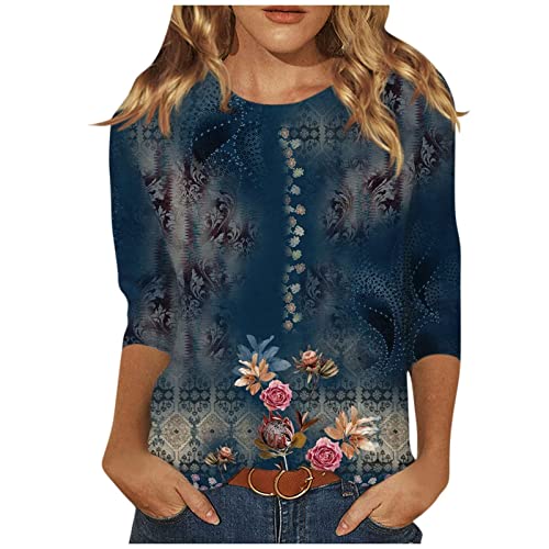 oelaio Ladies 3/4 Sleeve Tops Blouses Basic Round Neck Floral Printed Tees for Women,Fashion Shirts for Women Teen Girls,Navy#66,XX-Large