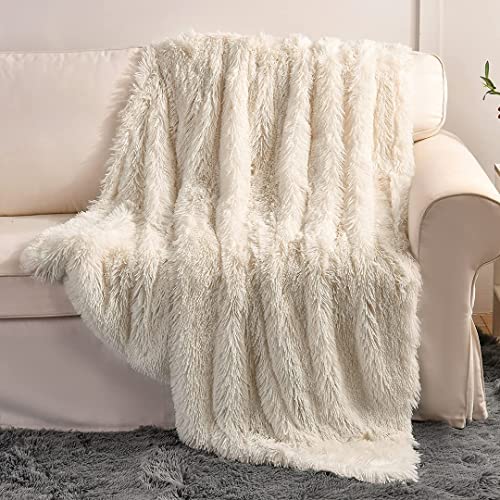 YUSOKI Cream White Faux Fur Throw Blanket,2 Layers,50' x 60' Cozy Plush Fluffy Blanket Furry Fuzzy Warm Cute Shaggy Blanket for Fall Bed Living Room Décor Baby Women Pet