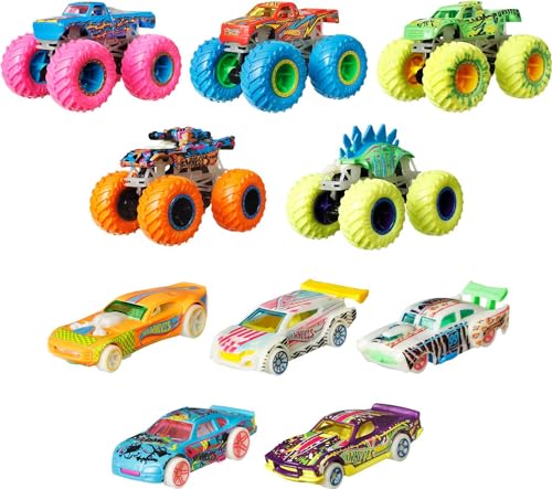 Hot Wheels Toy Monster Trucks 10-Pack, Set of 5 Glow in The Dark 1:64 Scale Trucks & 5 GITD 1:64 Scale Cars, Play Vehicles for Kids & Collectors